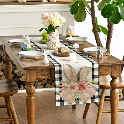 Buffalo Plaid Bunny Ear Foot Flower Easter Table Runner, Seasonal Spring Kitchen Dining Table Decoration for Home Party Decor 13x72 Inch.
