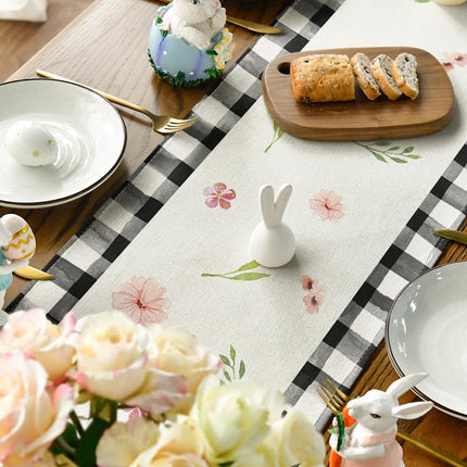 Buffalo Plaid Bunny Ear Foot Flower Easter Table Runner, Seasonal Spring Kitchen Dining Table Decoration for Home Party Decor 13x72 Inch.