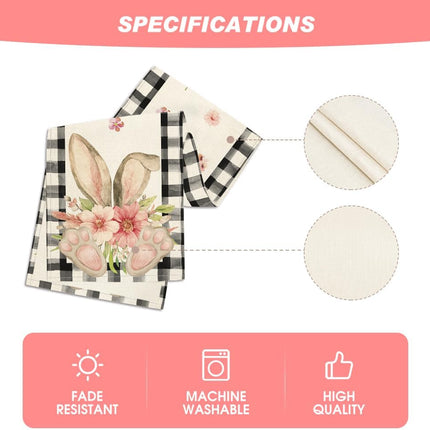 Buffalo Plaid Bunny Ear Foot Flower Easter Table Runner, Seasonal Spring Kitchen Dining Table Decoration for Home Party Decor 13x72 Inch.