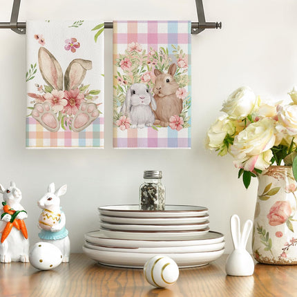 Colorful Buffalo Plaid Bunny Rabbit Flower Easter Kitchen Towels Dish Towels, 18x26 Inch Seasonal Decoration Hand Towels Set of 2.