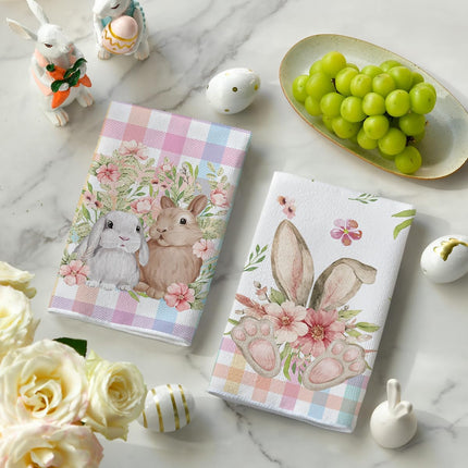 Colorful Buffalo Plaid Bunny Rabbit Flower Easter Kitchen Towels Dish Towels, 18x26 Inch Seasonal Decoration Hand Towels Set of 2.