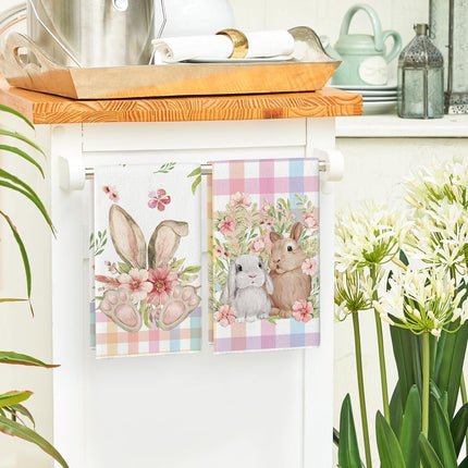 Colorful Buffalo Plaid Bunny Rabbit Flower Easter Kitchen Towels Dish Towels, 18x26 Inch Seasonal Decoration Hand Towels Set of 2.
