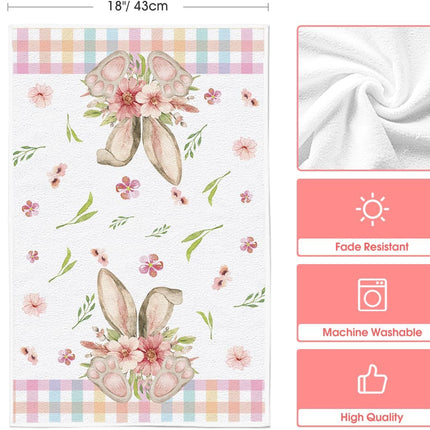 Colorful Buffalo Plaid Bunny Rabbit Flower Easter Kitchen Towels Dish Towels, 18x26 Inch Seasonal Decoration Hand Towels Set of 2.