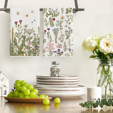Wildflower Floral Kitchen Towels Dish Towels, 18x26 Inch Leaves Holiday Decoration Hand Towels Set of 2.