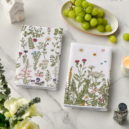 Wildflower Floral Kitchen Towels Dish Towels, 18x26 Inch Leaves Holiday Decoration Hand Towels Set of 2.