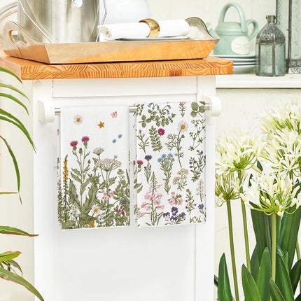 Wildflower Floral Kitchen Towels Dish Towels, 18x26 Inch Leaves Holiday Decoration Hand Towels Set of 2.