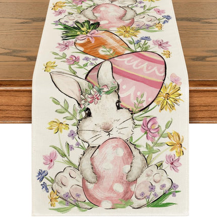 Bunny Rabbit Egg Flower Easter Table Runner, Seasonal Spring Kitchen Dining Table Decoration for Home Party Decor 13x72 Inch.