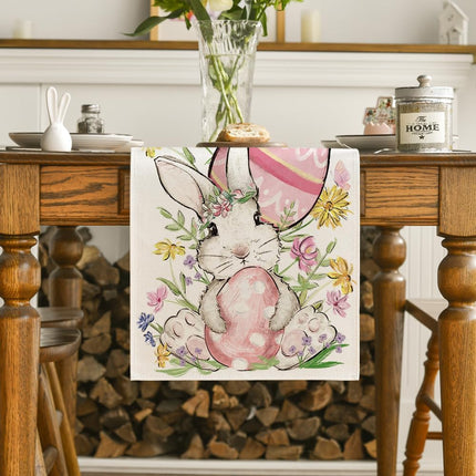 Bunny Rabbit Egg Flower Easter Table Runner, Seasonal Spring Kitchen Dining Table Decoration for Home Party Decor 13x72 Inch.