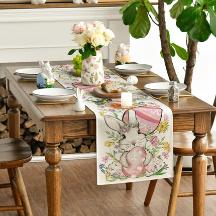 Bunny Rabbit Egg Flower Easter Table Runner, Seasonal Spring Kitchen Dining Table Decoration for Home Party Decor 13x72 Inch.