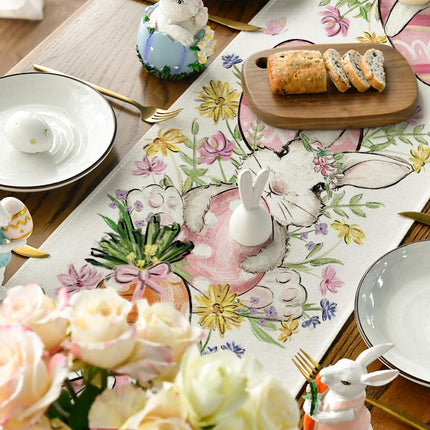 Bunny Rabbit Egg Flower Easter Table Runner, Seasonal Spring Kitchen Dining Table Decoration for Home Party Decor 13x72 Inch.