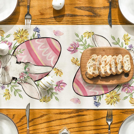 Bunny Rabbit Egg Flower Easter Table Runner, Seasonal Spring Kitchen Dining Table Decoration for Home Party Decor 13x72 Inch.