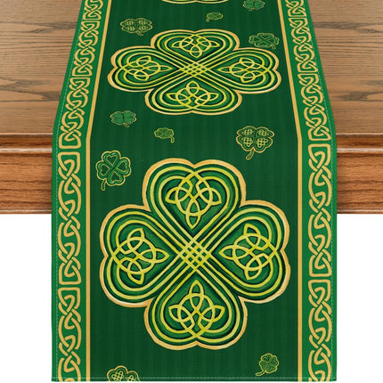 Green Stripes Shamrocks 210 GSM St.Patrick's Day Table Runner, Seasonal Spring Kitchen Dining Table Runner for Home Party Decor 13x72 Inch.