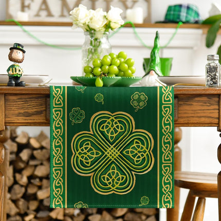 Green Stripes Shamrocks 210 GSM St.Patrick's Day Table Runner, Seasonal Spring Kitchen Dining Table Runner for Home Party Decor 13x72 Inch.