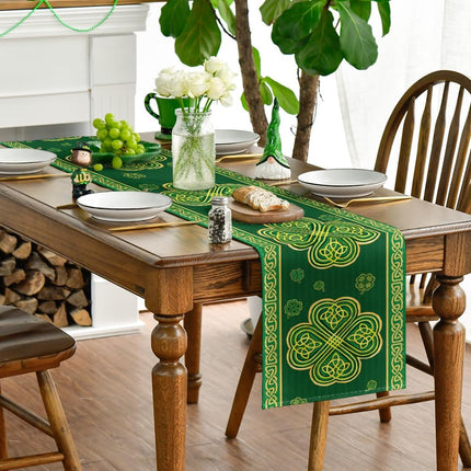 Green Stripes Shamrocks 210 GSM St.Patrick's Day Table Runner, Seasonal Spring Kitchen Dining Table Runner for Home Party Decor 13x72 Inch.