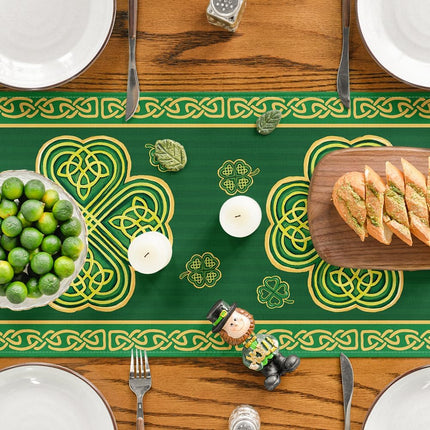 Green Stripes Shamrocks 210 GSM St.Patrick's Day Table Runner, Seasonal Spring Kitchen Dining Table Runner for Home Party Decor 13x72 Inch.