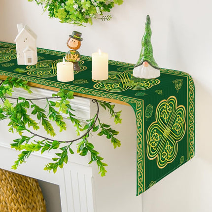 Green Stripes Shamrocks 210 GSM St.Patrick's Day Table Runner, Seasonal Spring Kitchen Dining Table Runner for Home Party Decor 13x72 Inch.