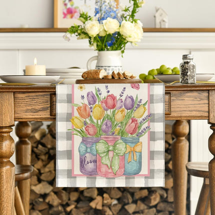 Buffalo Plaid Vase Lavender Tulip Spring Table Runner, Seasonal Kitchen Dining Table Decoration for Home Party Decor 13x72 Inch.