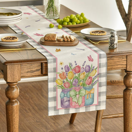 Buffalo Plaid Vase Lavender Tulip Spring Table Runner, Seasonal Kitchen Dining Table Decoration for Home Party Decor 13x72 Inch.
