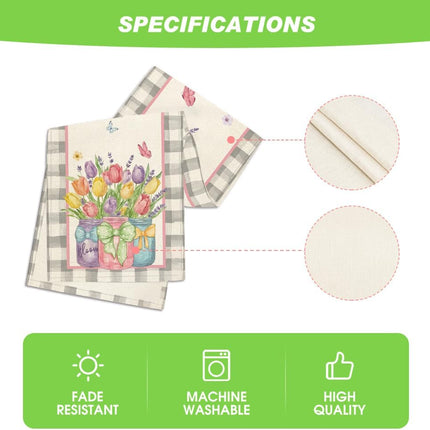 Buffalo Plaid Vase Lavender Tulip Spring Table Runner, Seasonal Kitchen Dining Table Decoration for Home Party Decor 13x72 Inch.