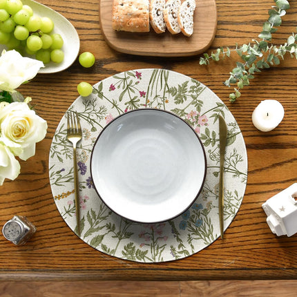Antique Herbs Wild Flowers Spring Placemats Set of 4, 14 Inch Summer Round Table Mats for Dining Decoration.