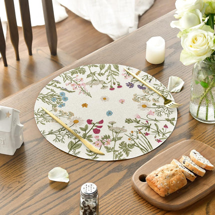 Antique Herbs Wild Flowers Spring Placemats Set of 4, 14 Inch Summer Round Table Mats for Dining Decoration.