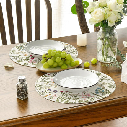 Antique Herbs Wild Flowers Spring Placemats Set of 4, 14 Inch Summer Round Table Mats for Dining Decoration.