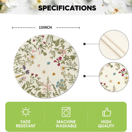 Antique Herbs Wild Flowers Spring Placemats Set of 4, 14 Inch Summer Round Table Mats for Dining Decoration.