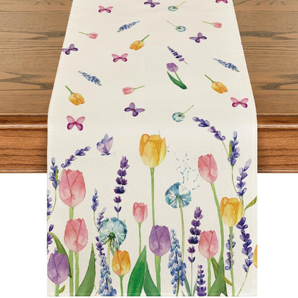 Lavender Tulip Summer Table Runner, Spring Seasonal Anniversary Holiday Kitchen Dining Table Decoration for Indoor Outdoor Home Party Decor 13 x 72 Inch.