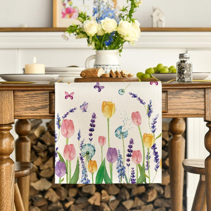 Lavender Tulip Summer Table Runner, Spring Seasonal Anniversary Holiday Kitchen Dining Table Decoration for Indoor Outdoor Home Party Decor 13 x 72 Inch.