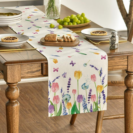 Lavender Tulip Summer Table Runner, Spring Seasonal Anniversary Holiday Kitchen Dining Table Decoration for Indoor Outdoor Home Party Decor 13 x 72 Inch.