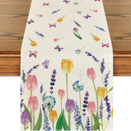 Lavender Tulip Summer Table Runner, Spring Seasonal Anniversary Holiday Kitchen Dining Table Decoration for Indoor Outdoor Home Party Decor 13 x 72 Inch.