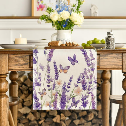 Purple Lavender Floral Butterflies Spring Table Runner, Seasonal Summer Kitchen Dining Table Decoration for Home Party Decor 13x72 Inch.
