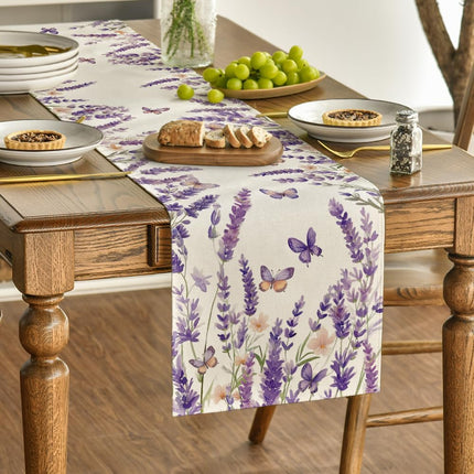 Purple Lavender Floral Butterflies Spring Table Runner, Seasonal Summer Kitchen Dining Table Decoration for Home Party Decor 13x72 Inch.