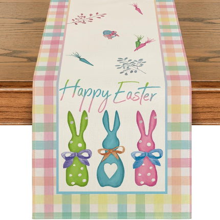 Green Blue Pink Buffalo Plaid Bunny Happy Easter Table Runner, Spring Kitchen Dining Table Decoration for Home Party Decor 13x72 Inch.