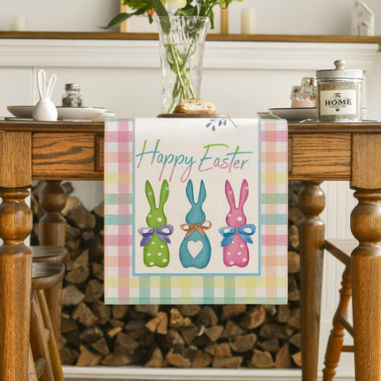 Green Blue Pink Buffalo Plaid Bunny Happy Easter Table Runner, Spring Kitchen Dining Table Decoration for Home Party Decor 13x72 Inch.