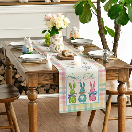 Green Blue Pink Buffalo Plaid Bunny Happy Easter Table Runner, Spring Kitchen Dining Table Decoration for Home Party Decor 13x72 Inch.