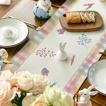 Green Blue Pink Buffalo Plaid Bunny Happy Easter Table Runner, Spring Kitchen Dining Table Decoration for Home Party Decor 13x72 Inch.