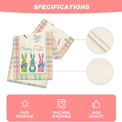 Green Blue Pink Buffalo Plaid Bunny Happy Easter Table Runner, Spring Kitchen Dining Table Decoration for Home Party Decor 13x72 Inch.