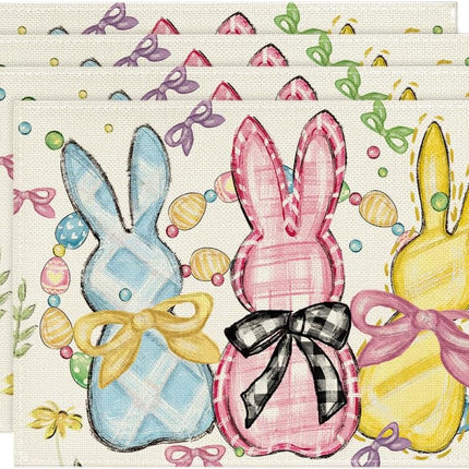 Bunny Rabbits Eggs Easter Placemats Set of 4, 12x18 Inch Floral Bow Seasonal Spring Holiday Table Mats for Party Kitchen Dining Decoration.
