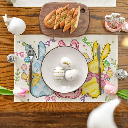 Bunny Rabbits Eggs Easter Placemats Set of 4, 12x18 Inch Floral Bow Seasonal Spring Holiday Table Mats for Party Kitchen Dining Decoration.