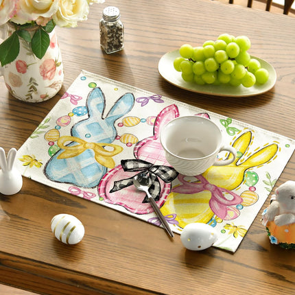Bunny Rabbits Eggs Easter Placemats Set of 4, 12x18 Inch Floral Bow Seasonal Spring Holiday Table Mats for Party Kitchen Dining Decoration.