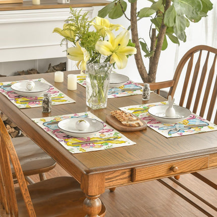 Bunny Rabbits Eggs Easter Placemats Set of 4, 12x18 Inch Floral Bow Seasonal Spring Holiday Table Mats for Party Kitchen Dining Decoration.