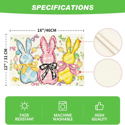 Bunny Rabbits Eggs Easter Placemats Set of 4, 12x18 Inch Floral Bow Seasonal Spring Holiday Table Mats for Party Kitchen Dining Decoration.