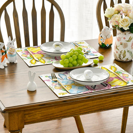 Bunny Rabbits Eggs Easter Placemats Set of 4, 12x18 Inch Floral Bow Seasonal Spring Holiday Table Mats for Party Kitchen Dining Decoration.