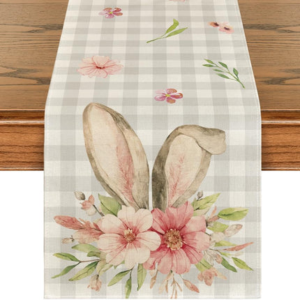 Buffalo Plaid Bunny Rabbit Ears Flower Easter Table Runner, Spring Summer Seasonal Holiday Kitchen Dining Table Decoration for Indoor Outdoor Home Party Decor 13 x 72 Inch.
