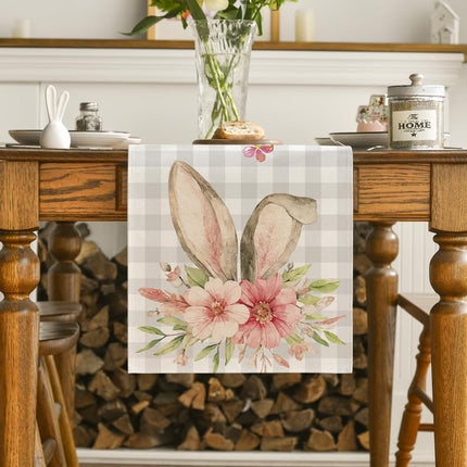 Buffalo Plaid Bunny Rabbit Ears Flower Easter Table Runner, Spring Summer Seasonal Holiday Kitchen Dining Table Decoration for Indoor Outdoor Home Party Decor 13 x 72 Inch.