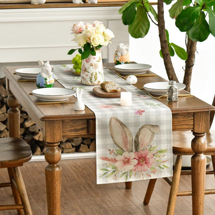 Buffalo Plaid Bunny Rabbit Ears Flower Easter Table Runner, Spring Summer Seasonal Holiday Kitchen Dining Table Decoration for Indoor Outdoor Home Party Decor 13 x 72 Inch.
