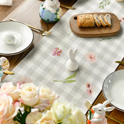 Buffalo Plaid Bunny Rabbit Ears Flower Easter Table Runner, Spring Summer Seasonal Holiday Kitchen Dining Table Decoration for Indoor Outdoor Home Party Decor 13 x 72 Inch.