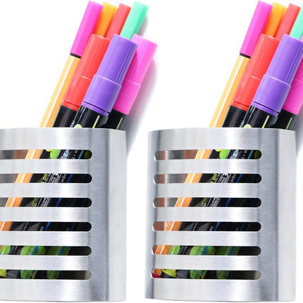 2 Pack Magnetic Modern Pen and Pencil Holder, Metal Writing Utensil Storage Organizer for Kitchen, Locker, Home, or Office, 3.25" x 1.75" x 3.50", Brushed Stainless Steel.