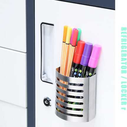 2 Pack Magnetic Modern Pen and Pencil Holder, Metal Writing Utensil Storage Organizer for Kitchen, Locker, Home, or Office, 3.25" x 1.75" x 3.50", Brushed Stainless Steel.